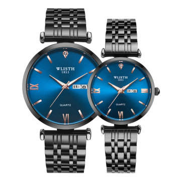 Wlisth Fashion Couple Watch Stainless Steel Strap Quartz Wristwatch Blue Analog Classic Digital Watches For Lover